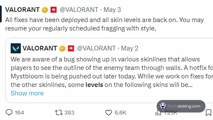 Screenshot of a Valorant Twitter update about deploying fixes for skin levels