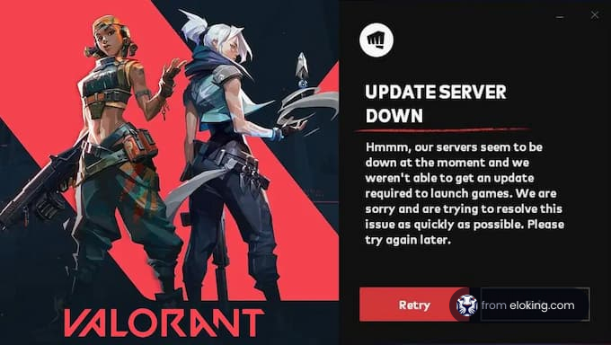 Promotional graphic for Valorant showcasing two characters with a server update error message