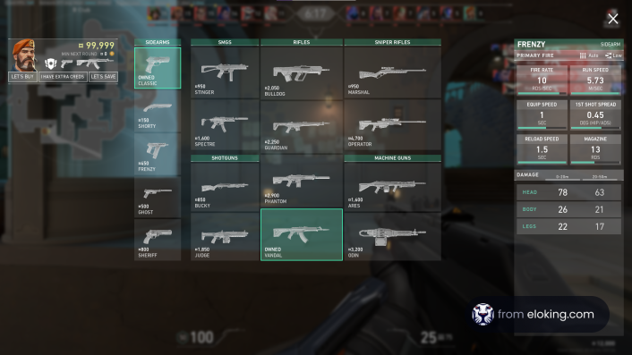 In-game screenshot of a player selecting weapons in Valorant