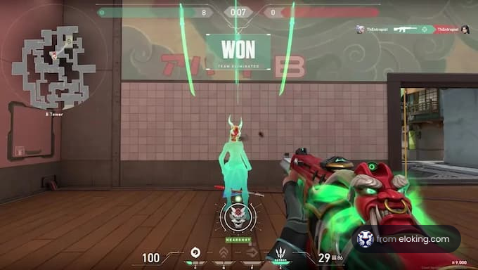 A player celebrating a victory in a gaming match in Valorant.