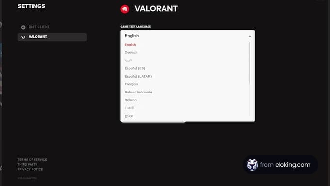 Language settings in Valorant game client