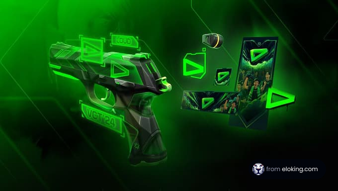 A futuristic green handgun with digital elements.