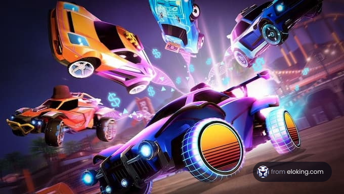 A vibrant scene with racing cars in a digital landscape