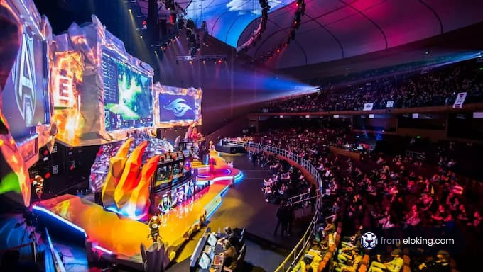 Vibrant esports event with illuminated stage and enthusiastic crowd