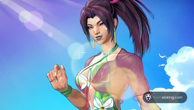 A vibrant fantasy character standing against a blue sky background.