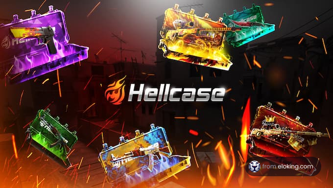 Colorful loot boxes with dynamic effects on Hellcase themed background