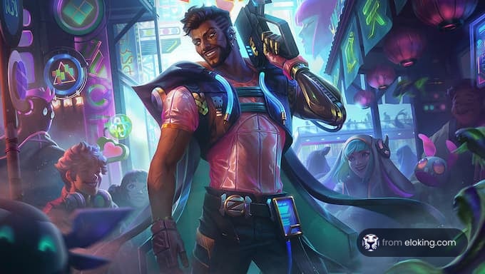 A vibrant character in a neon-lit cityscape with playful elements.