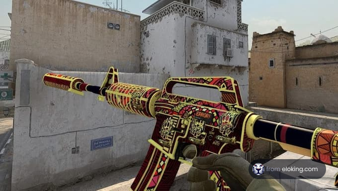 A vibrant and unique AR-15 skin from CS:GO in an outdoor environment.