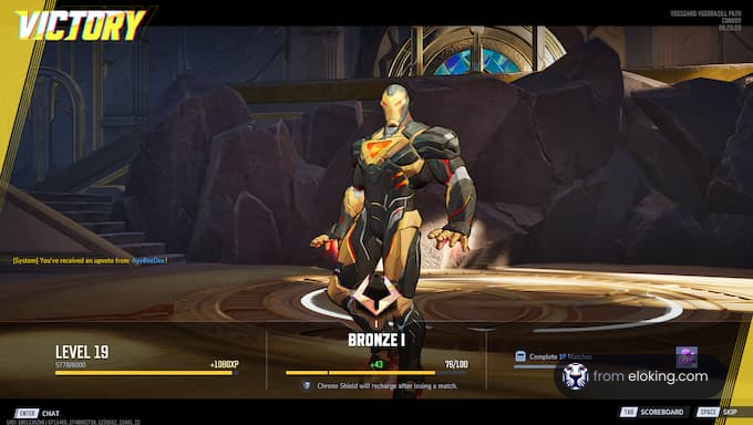 Victory screen showing a bronze rank character at level 19 in a game.