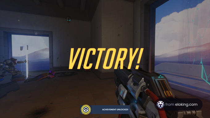 VICTORY screen in a first-person shooter game with achievement unlocked notification