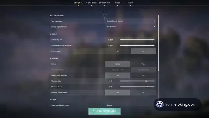 Accessibility menu settings in a video game interface showing text language, menu opacity, and other options