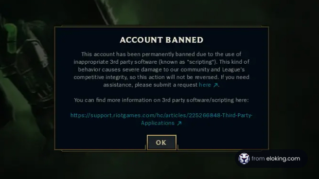 Screenshot of a video game account being banned