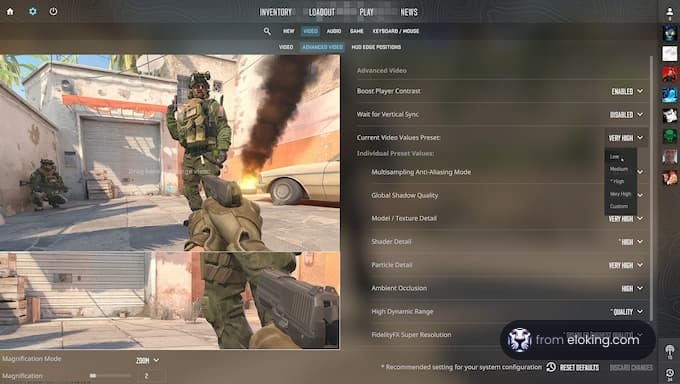Soldiers in a video game with graphics settings menu displayed
