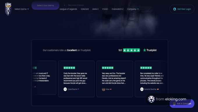 Screenshot of a gaming website showcasing customer reviews and ratings on Trustpilot