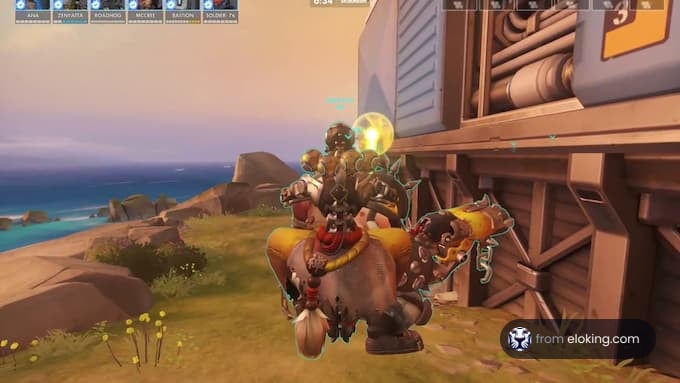 Video game character riding a mechanical bull in a coastal setting