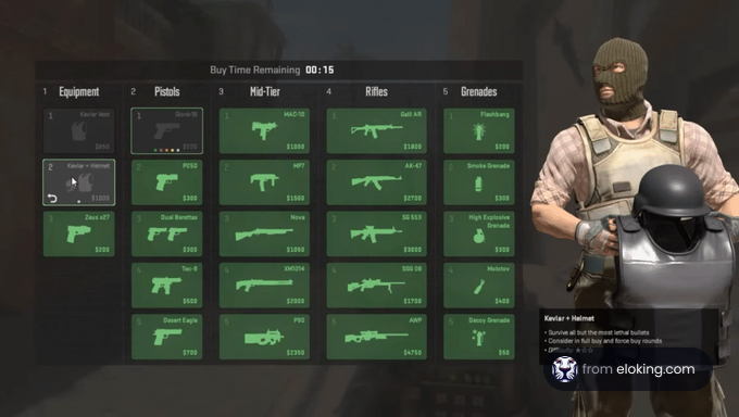 Video game character next to a weapon purchase menu