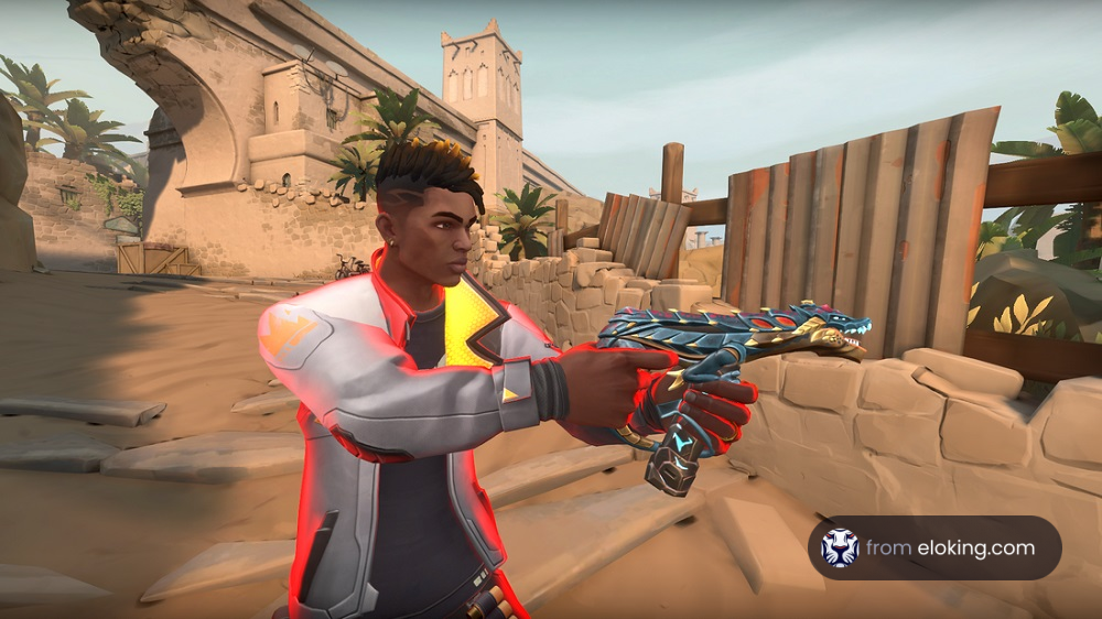 Video game character wielding a colorful futuristic gun in a desert combat scenario