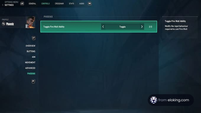 Video game interface showing settings menu for character Phoenix with an option to toggle Fire Wall ability