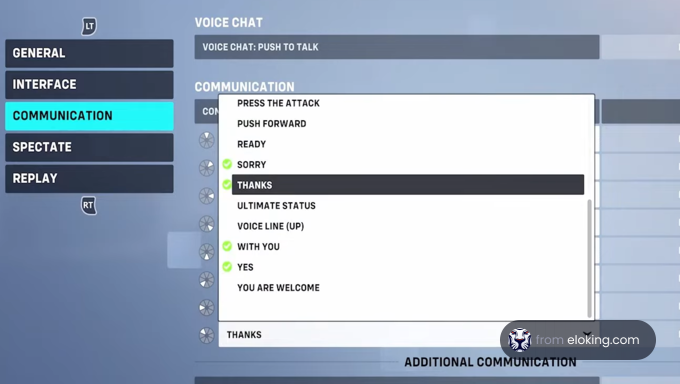Screenshot of the communication settings menu in a video game