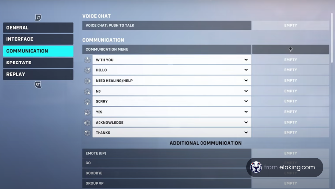 Video game settings screen displaying communication menu options