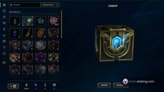 Video game interface showing an inventory screen with various items and a glowing chest
