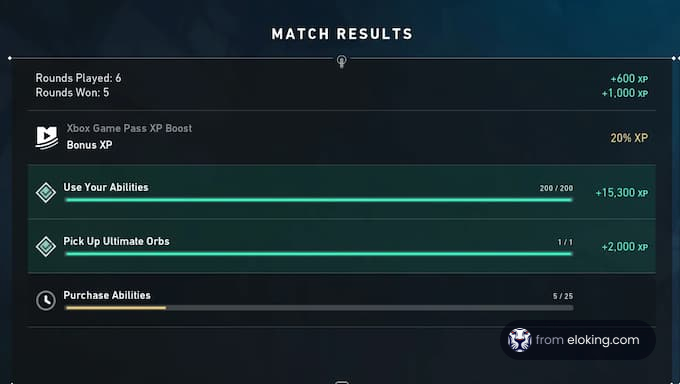 Screenshot of video game match results with XP boosts and ability tasks