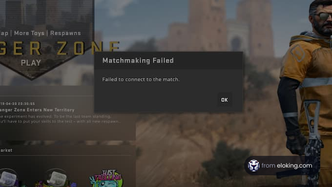 Video game character stands next to a failed matchmaking notification on screen