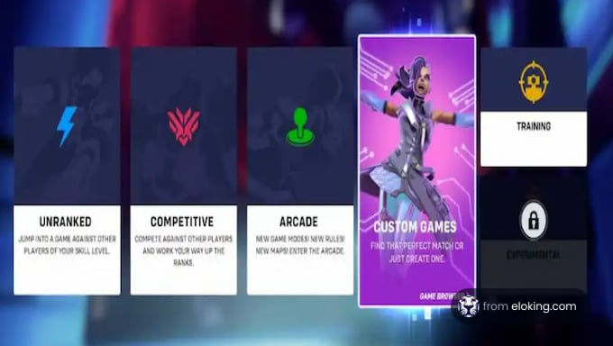 Selection screen of various game modes including Unranked, Competitive, Arcade, and Custom Games