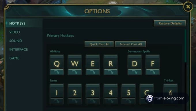 Video game options menu displaying hotkeys setup with key bindings