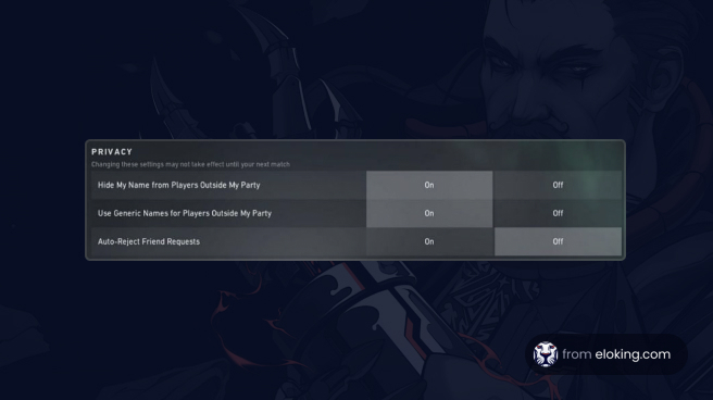 Video game privacy settings menu with options to hide name and auto-reject friend requests