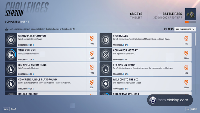 Screenshot of video game season challenge interface