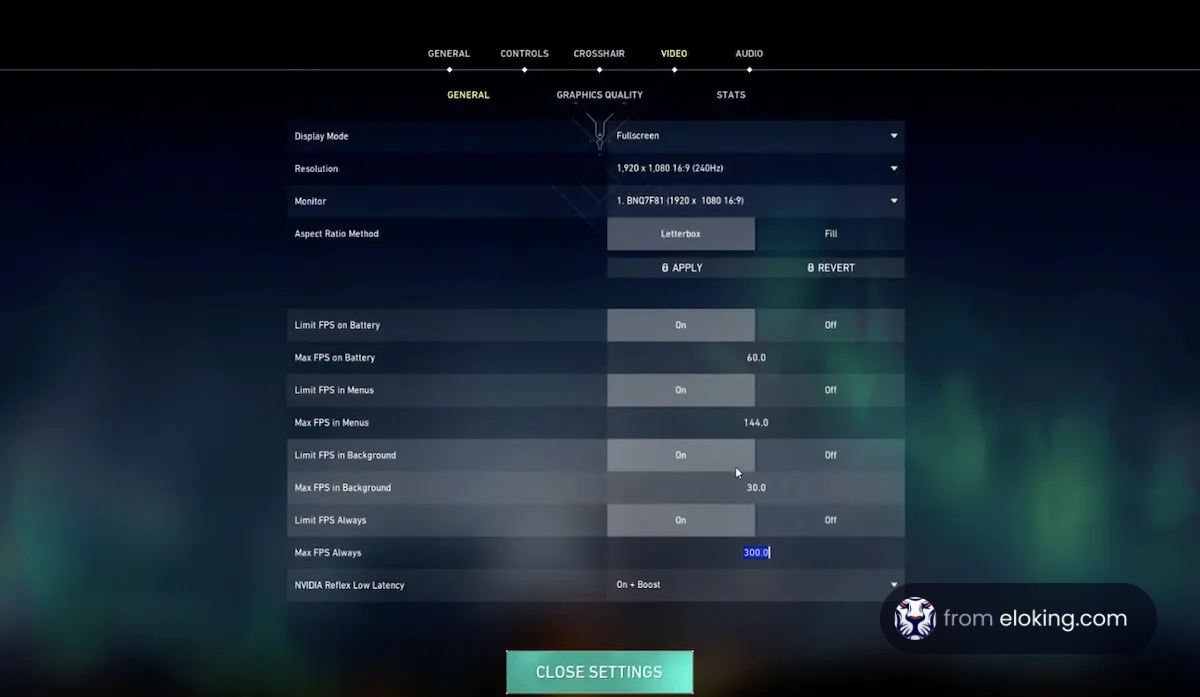 Video game settings interface showing options for display mode, resolution, and FPS limits