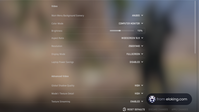 Video game settings menu with a blurred background of a character