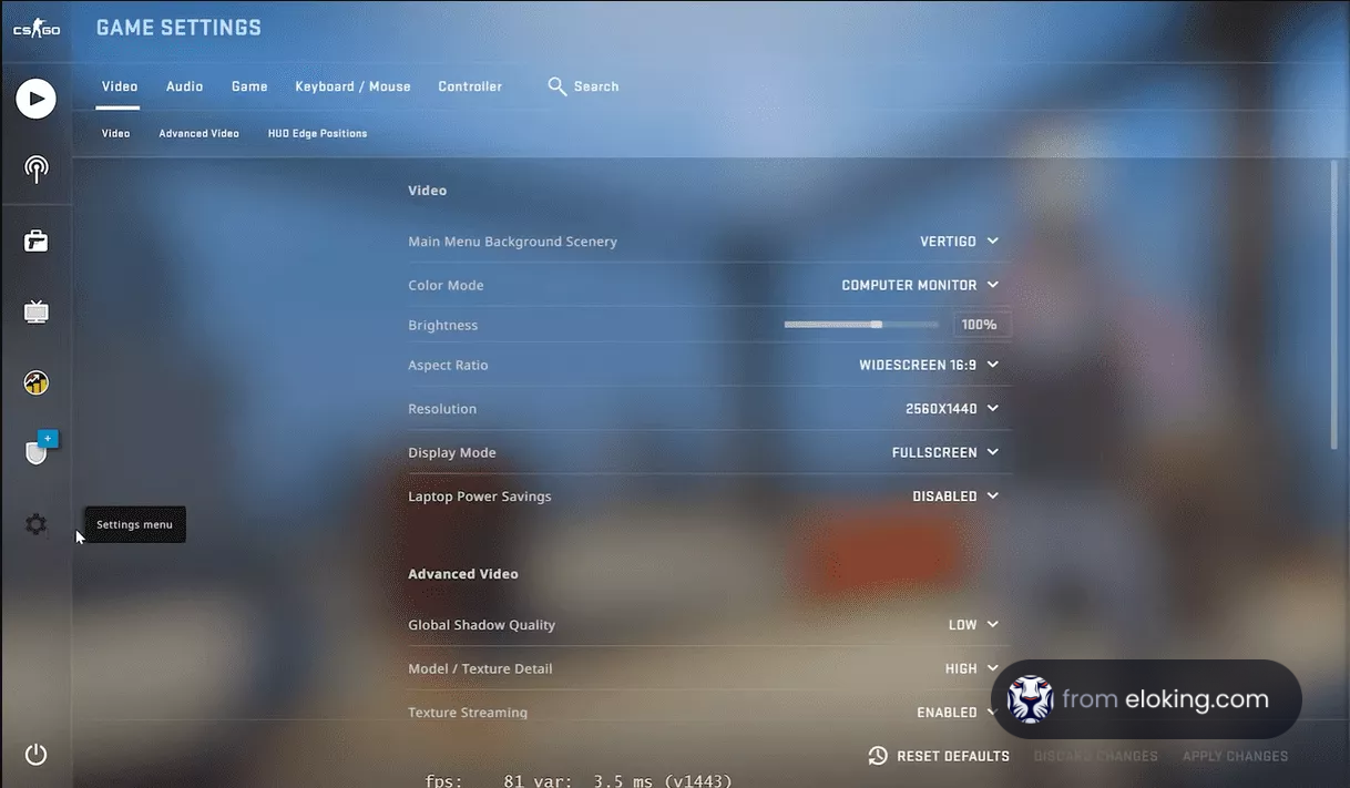 Video game settings menu interface for CS:GO