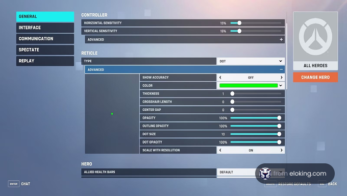 Video game interface settings screen for customizing controls