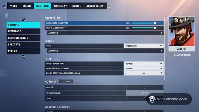Video game settings menu with character icon on the right
