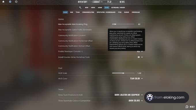 Interface of a video game settings menu