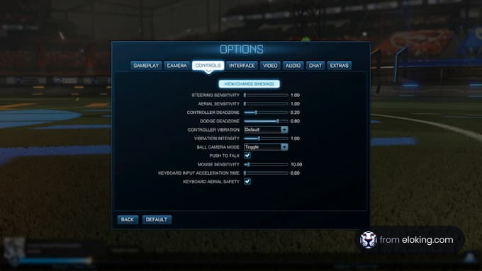 Screenshot of a video game's settings menu with various control options