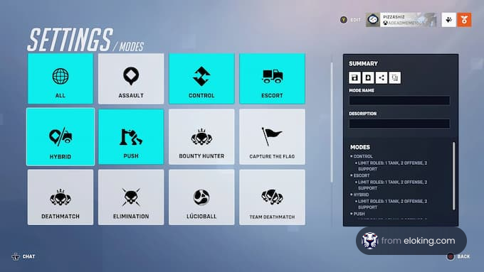 Settings and modes interface in a video game with various options such as Assault, Control, Escort, and Team Deathmatch