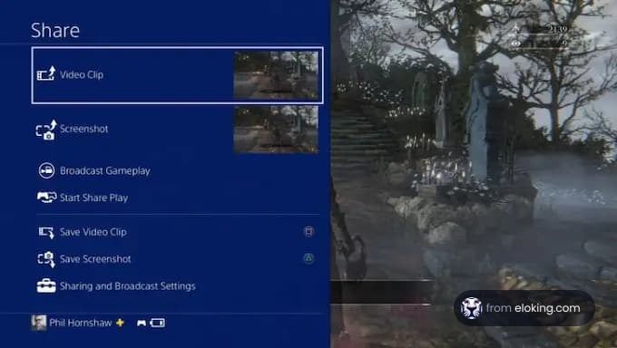 Screenshot of a video game sharing menu with game footage preview