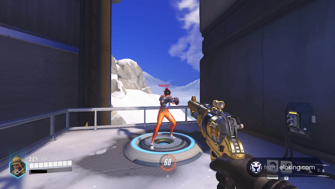 Player aiming at an opponent in a snow-covered game environment