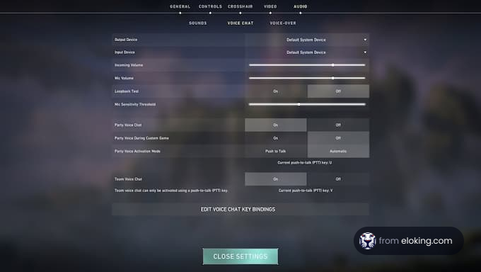 Video game interface showing voice chat settings