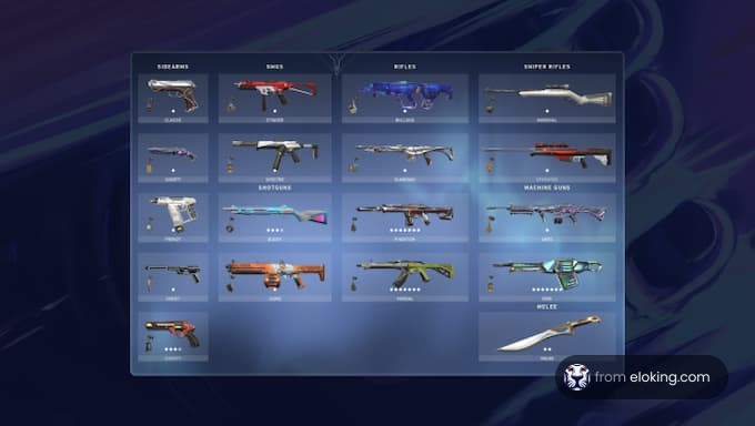 A variety of weapon skins displayed in a video game interface