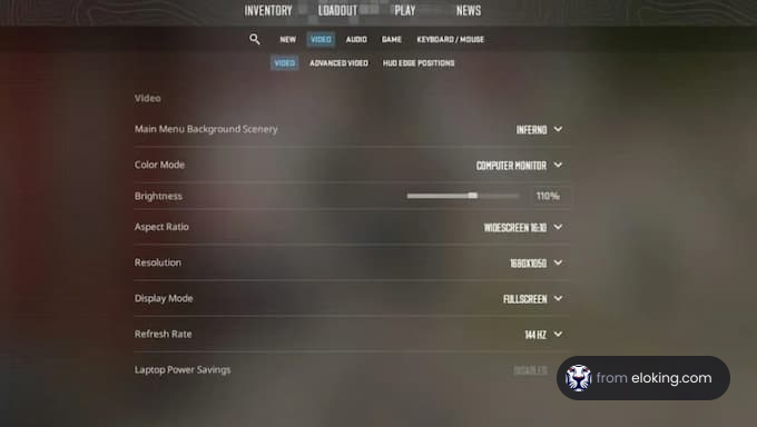 Video settings menu with options like brightness and resolution