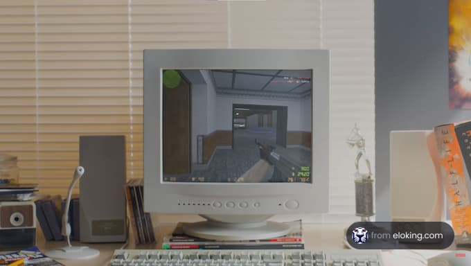 Vintage computer setup displaying a first-person shooter game