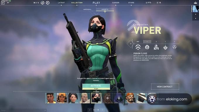 Personaje Viper en una interfaz de juego sosteniendo un arma