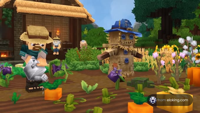 A scene from a virtual farming game with players gardening.