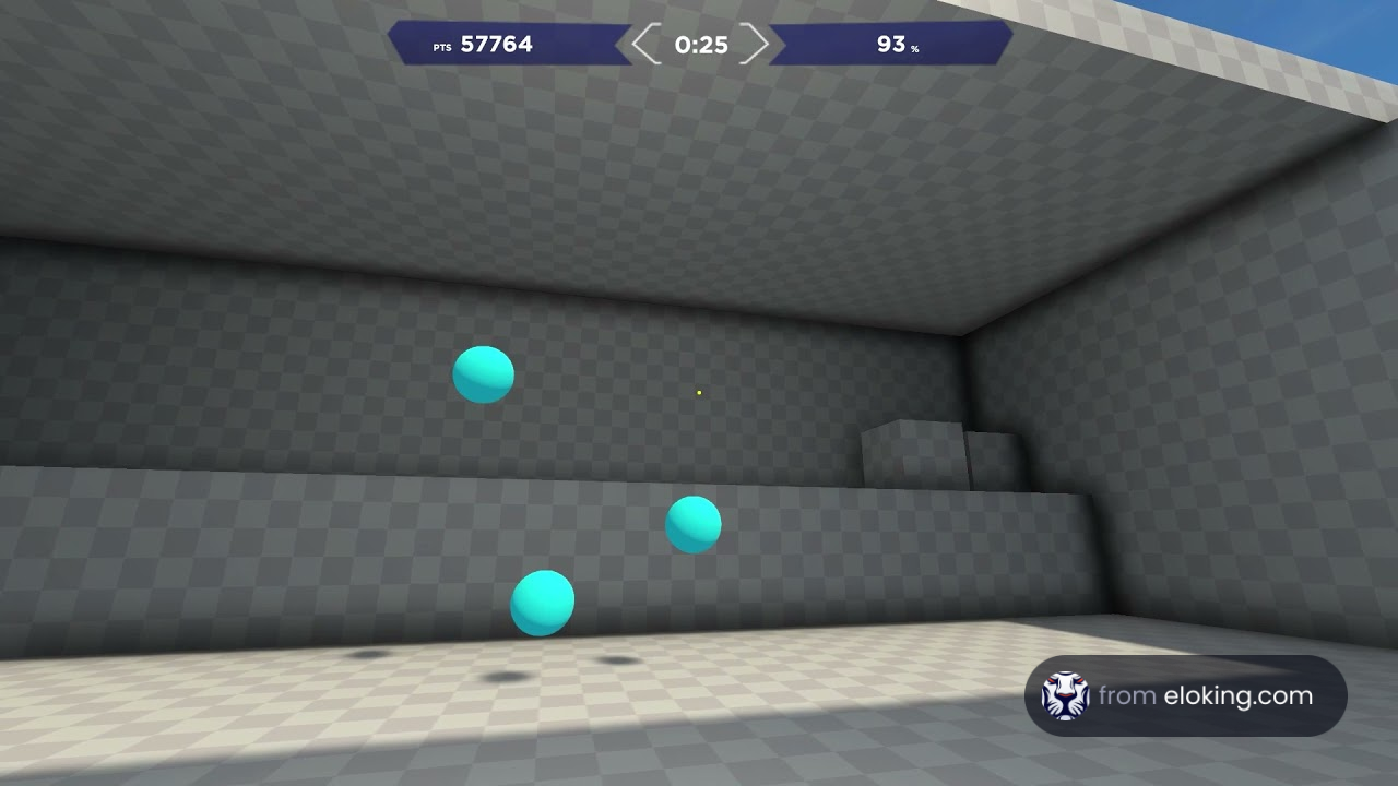 Three glowing blue balls floating inside a virtual gaming room with geometric tile floor and grey walls