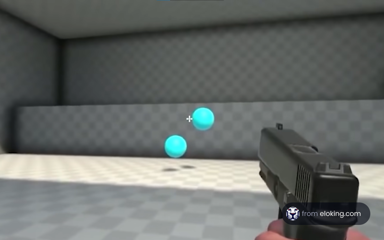 First-person view of a pistol aiming at floating targets in a virtual shooting range