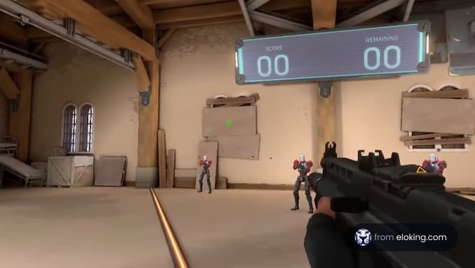 A virtual shooter game scene with characters and score display